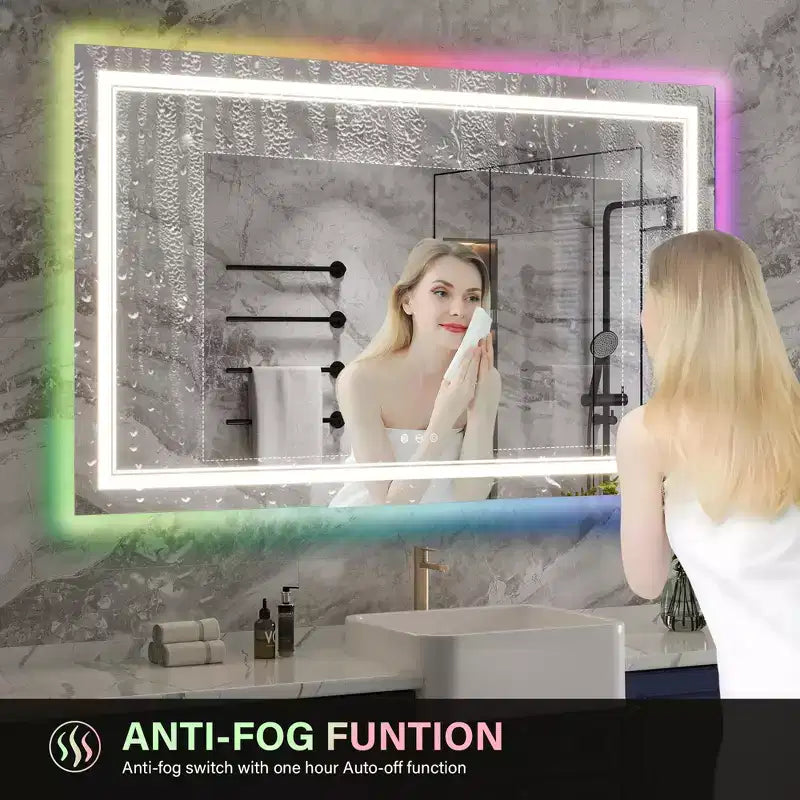 Specchio LED RGB per Bagno, Specchio con 8 Retroilluminazioni RGB e 3 Luci Frontali (Regolabili Individualmente), Orizzontale/Verticale