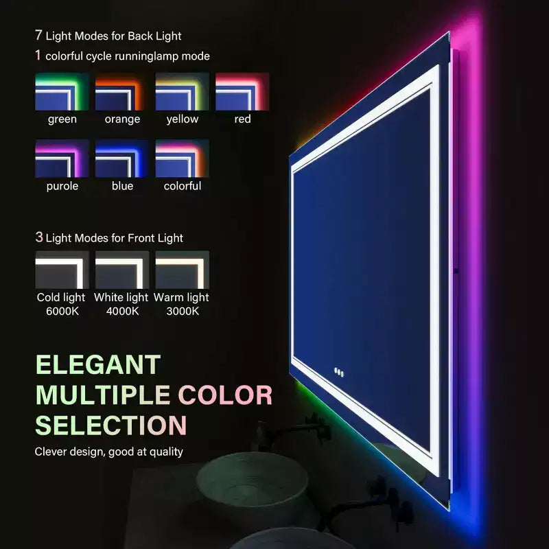 Specchio LED RGB per Bagno, Specchio con 8 Retroilluminazioni RGB e 3 Luci Frontali (Regolabili Individualmente), Orizzontale/Verticale
