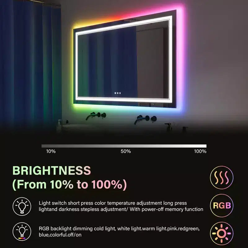 Specchio LED RGB per Bagno, Specchio con 8 Retroilluminazioni RGB e 3 Luci Frontali (Regolabili Individualmente), Orizzontale/Verticale