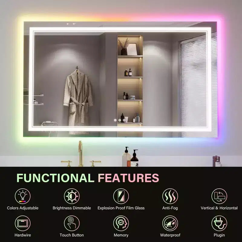 Specchio LED RGB per Bagno, Specchio con 8 Retroilluminazioni RGB e 3 Luci Frontali (Regolabili Individualmente), Orizzontale/Verticale