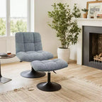 Poltrona girevole Art Leon Leisure in tessuto di lino con pouf, struttura in legno e metallo