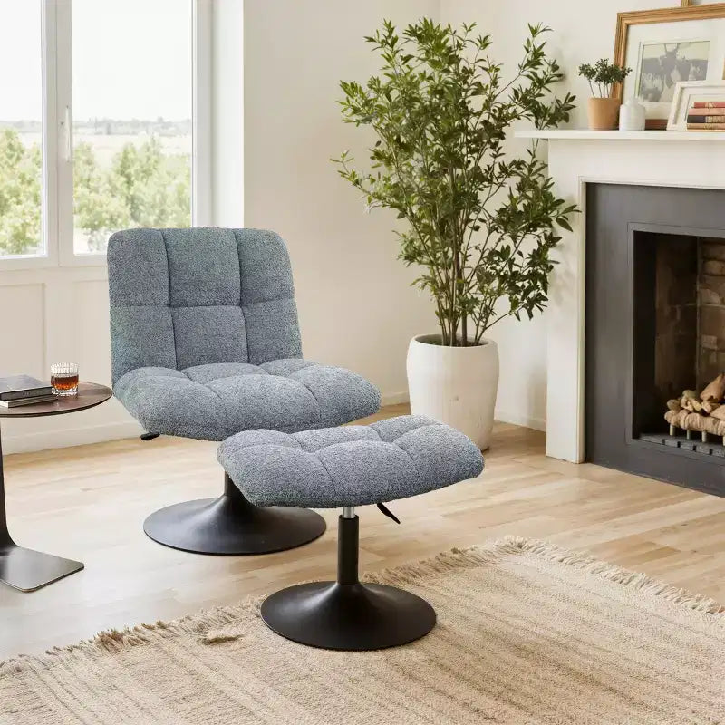 Poltrona girevole Art Leon Leisure in tessuto di lino con pouf, struttura in legno e metallo
