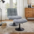 Poltrona girevole Art Leon Leisure in tessuto di lino con pouf, struttura in legno e metallo