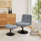 Poltrona girevole Art Leon Leisure in tessuto di lino con pouf, struttura in legno e metallo