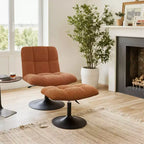 Poltrona girevole Art Leon Leisure in tessuto di lino con pouf, struttura in legno e metallo