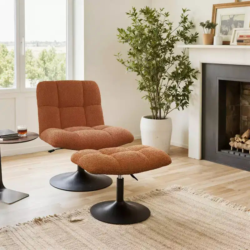 Poltrona girevole Art Leon Leisure in tessuto di lino con pouf, struttura in legno e metallo