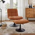 Poltrona girevole Art Leon Leisure in tessuto di lino con pouf, struttura in legno e metallo