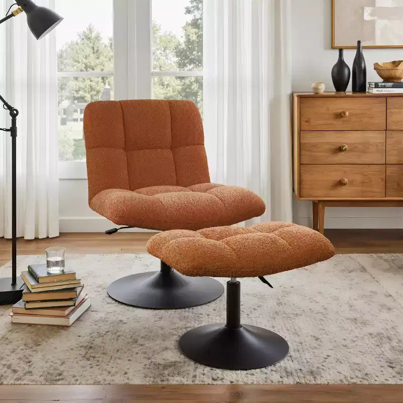 Poltrona girevole Art Leon Leisure in tessuto di lino con pouf, struttura in legno e metallo