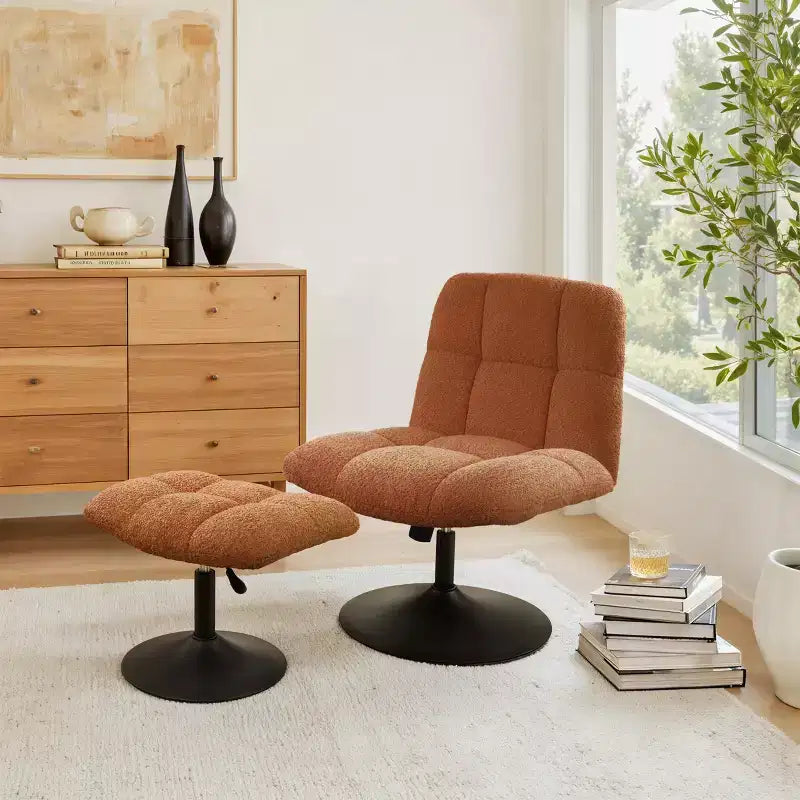 Poltrona girevole Art Leon Leisure in tessuto di lino con pouf, struttura in legno e metallo