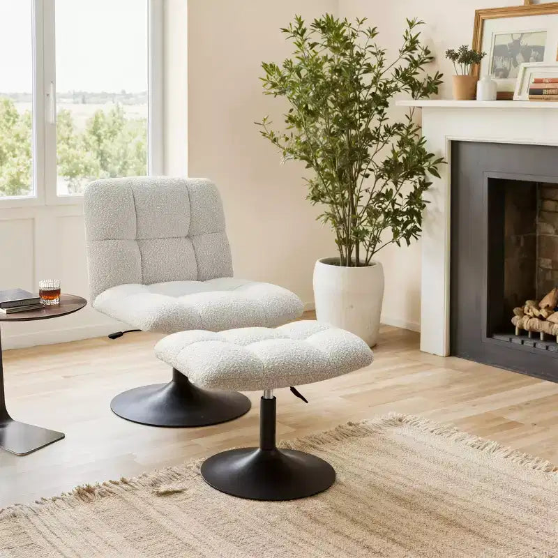 Poltrona girevole Art Leon Leisure in tessuto di lino con pouf, struttura in legno e metallo
