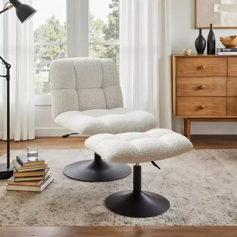 Poltrona girevole Art Leon Leisure in tessuto di lino con pouf, struttura in legno e metallo