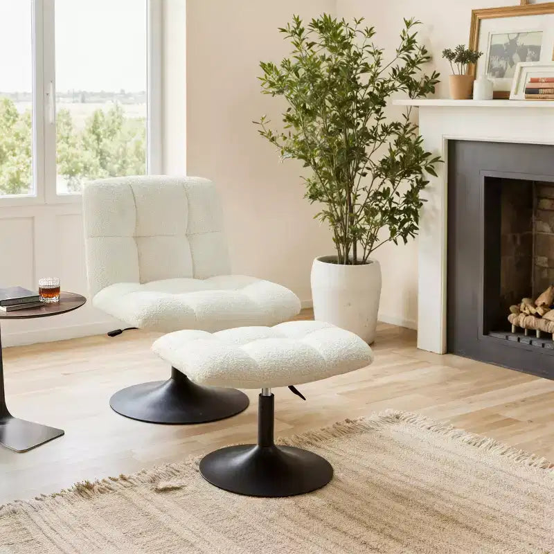 Poltrona girevole Art Leon Leisure in tessuto di lino con pouf, struttura in legno e metallo