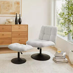 Poltrona girevole Art Leon Leisure in tessuto di lino con pouf, struttura in legno e metallo