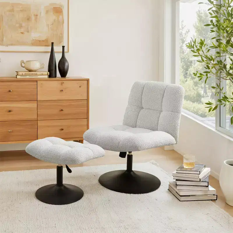 Poltrona girevole Art Leon Leisure in tessuto di lino con pouf, struttura in legno e metallo