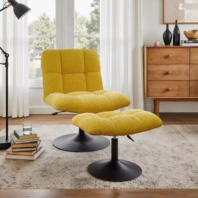 Poltrona girevole Art Leon Leisure in tessuto di lino con pouf, struttura in legno e metallo