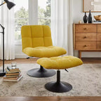 Poltrona girevole Art Leon Leisure in tessuto di lino con pouf, struttura in legno e metallo