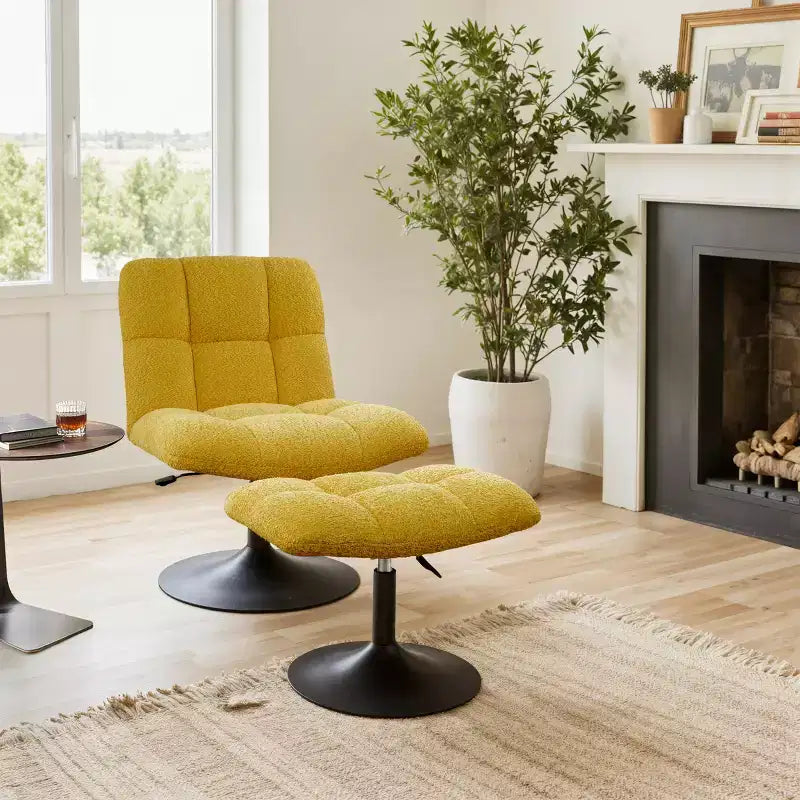 Poltrona girevole Art Leon Leisure in tessuto di lino con pouf, struttura in legno e metallo