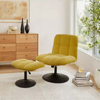 Poltrona girevole Art Leon Leisure in tessuto di lino con pouf, struttura in legno e metallo