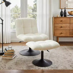 Poltrona girevole Art Leon Leisure in tessuto di lino con pouf, struttura in legno e metallo