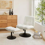 Poltrona girevole Art Leon Leisure in tessuto di lino con pouf, struttura in legno e metallo