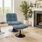 Poltrona girevole Art Leon Leisure in tessuto di lino con pouf, struttura in legno e metallo