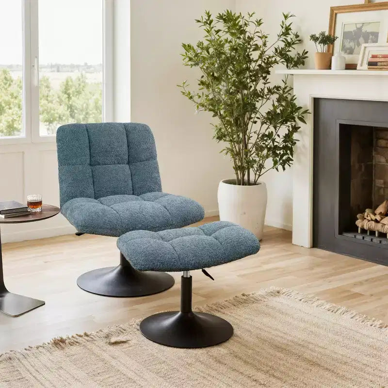 Poltrona girevole Art Leon Leisure in tessuto di lino con pouf, struttura in legno e metallo