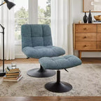 Poltrona girevole Art Leon Leisure in tessuto di lino con pouf, struttura in legno e metallo