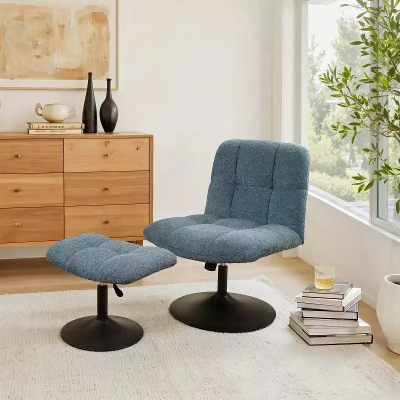 Poltrona girevole Art Leon Leisure in tessuto di lino con pouf, struttura in legno e metallo