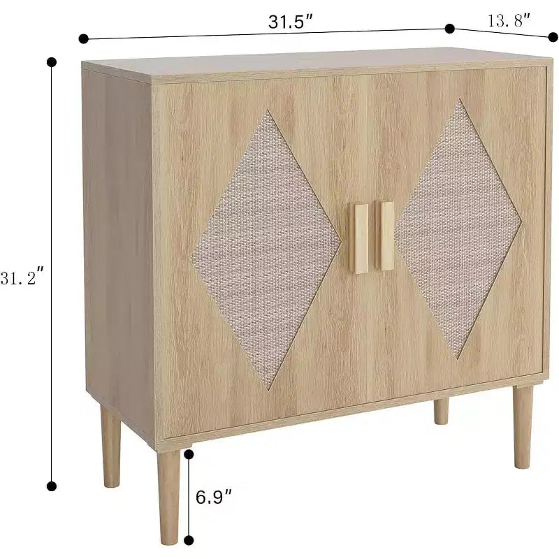 Credenza Moderna con Ante in Rattan Intrecciato, Scaffali Regolabili, Mobiletto per Ingresso, Soggiorno, Cucina e Corridoio (Piedi Robusti in Legno)