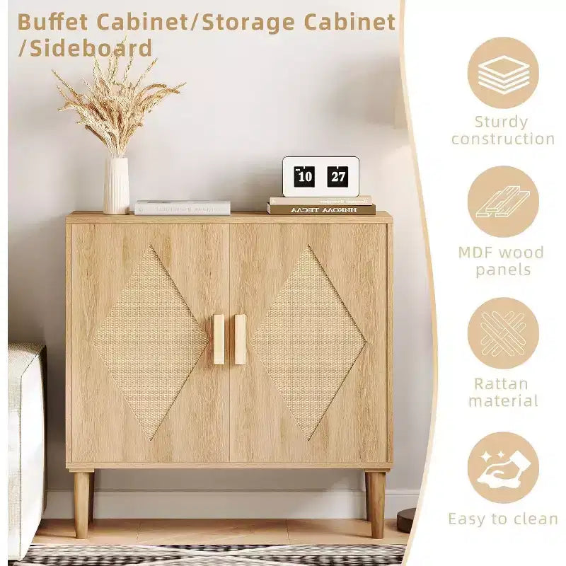 Credenza Moderna con Ante in Rattan Intrecciato, Scaffali Regolabili, Mobiletto per Ingresso, Soggiorno, Cucina e Corridoio (Piedi Robusti in Legno)