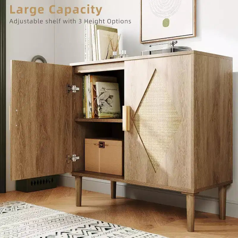 Credenza Moderna con Ante in Rattan Intrecciato, Scaffali Regolabili, Mobiletto per Ingresso, Soggiorno, Cucina e Corridoio (Piedi Robusti in Legno)
