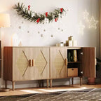 Credenza Moderna con Ante in Rattan Intrecciato, Scaffali Regolabili, Mobiletto per Ingresso, Soggiorno, Cucina e Corridoio (Piedi Robusti in Legno)