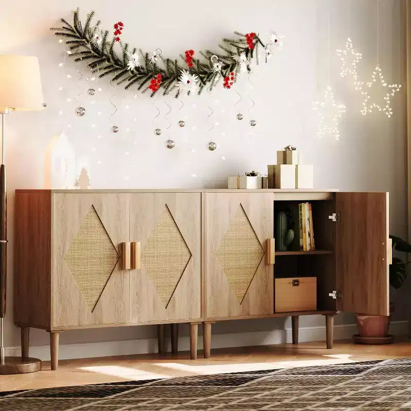 Credenza Moderna con Ante in Rattan Intrecciato, Scaffali Regolabili, Mobiletto per Ingresso, Soggiorno, Cucina e Corridoio (Piedi Robusti in Legno)