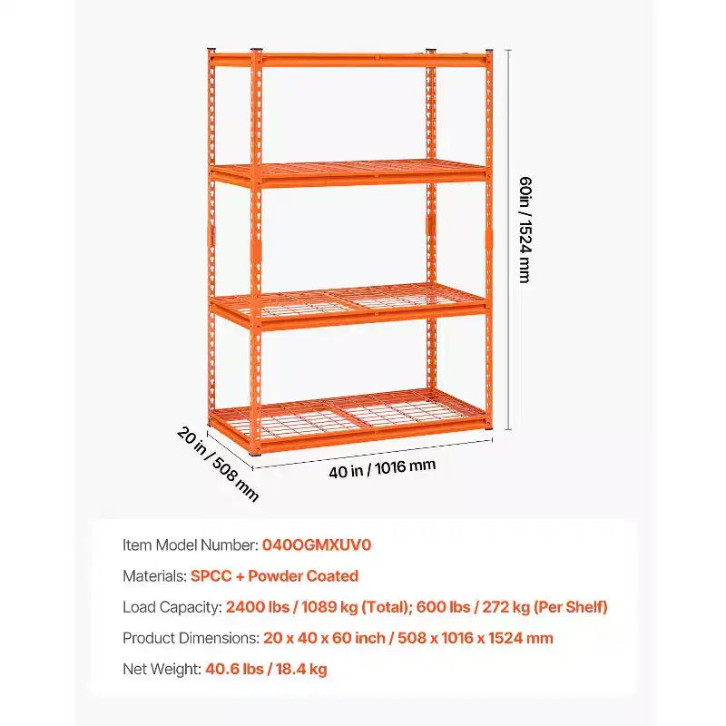 Scaffali di stoccaggio VEVOR, 1088 kg, Scaffalatura da garage resistente a 4 ripiani, 50,8 P x 101,6 L x 152,4 H cm Scaffali metallici regolabili per unità di scaffalatura industriale