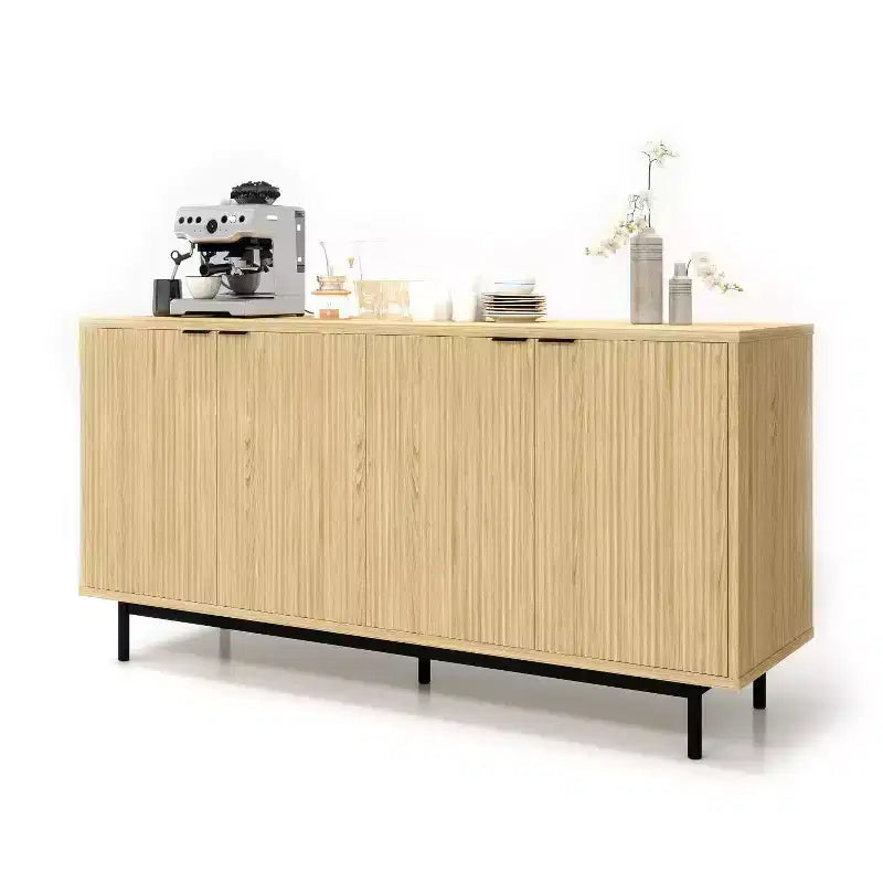 Dyonery Madia con pannello laterale da 58 pollici con spazio di archiviazione, mobile a fessura con ripiani regolabili e 4 ante, colore Legno nero/naturale