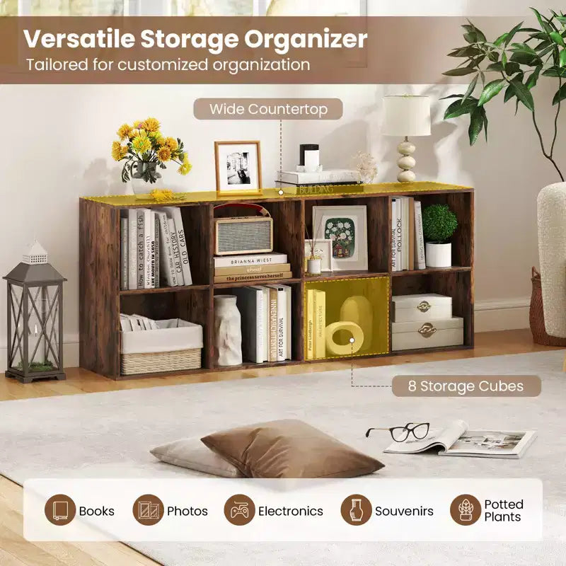 Libreria a 8 cubi Costway con 2 kit antiribaltamento, organizer marrone rustico/bianco