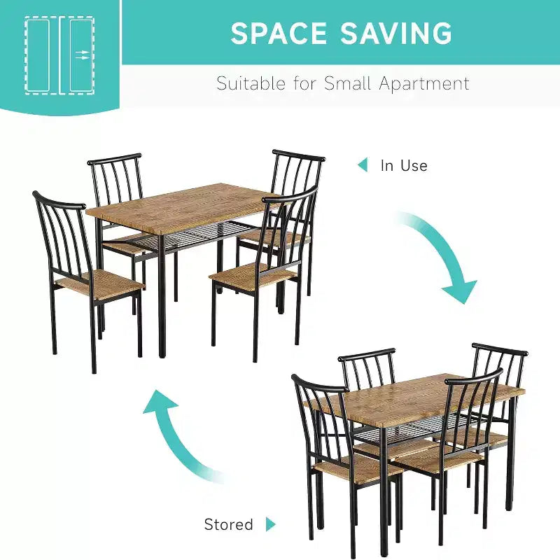 Set da Pranzo per 4 Persone, con 4 Sedie, Set di Mobili da Pranzo Rettangolare da 5 Pezzi con Ripiano Portaoggetti per Spazi Piccoli, Appartamenti, Angolo Cottura