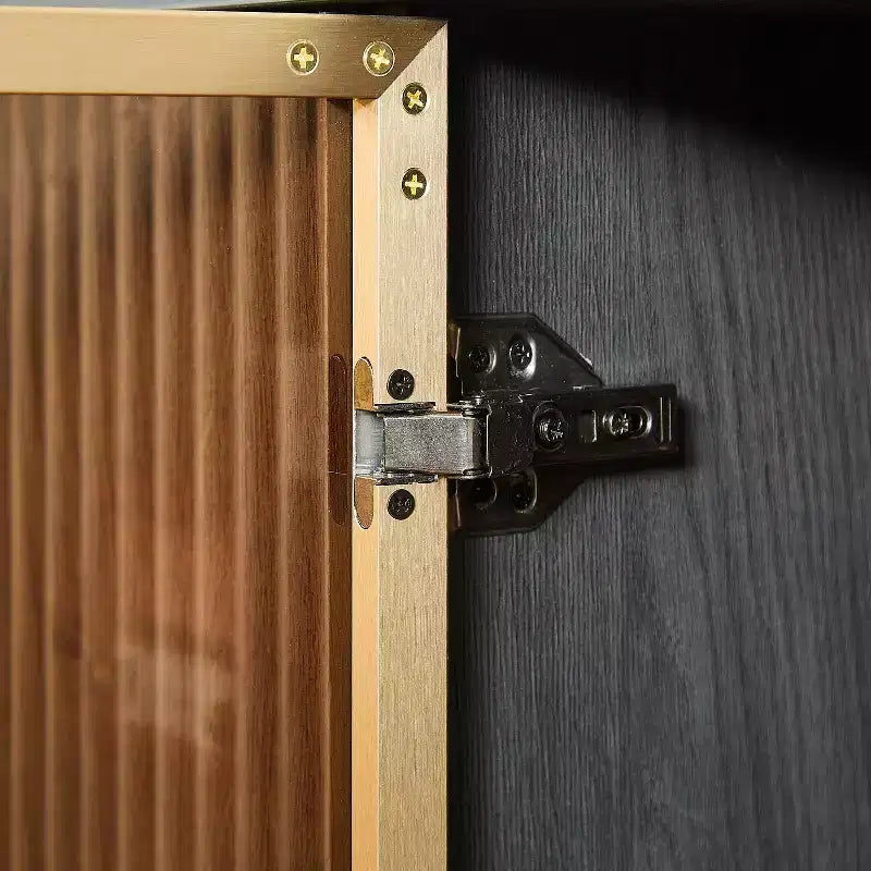 Mobile TV curvo da 64W con luci LED, madia rotonda con strisce verticali, mobile contenitore con cornice in alluminio e anta in vetro temperato, nero - ModernLuxe