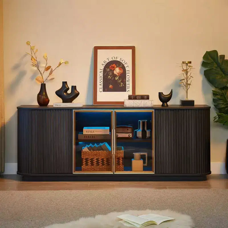 Mobile TV curvo da 64W con luci LED, madia rotonda con strisce verticali, mobile contenitore con cornice in alluminio e anta in vetro temperato, nero - ModernLuxe