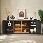 Mobile TV curvo da 64W con luci LED, madia rotonda con strisce verticali, mobile contenitore con cornice in alluminio e anta in vetro temperato, nero - ModernLuxe