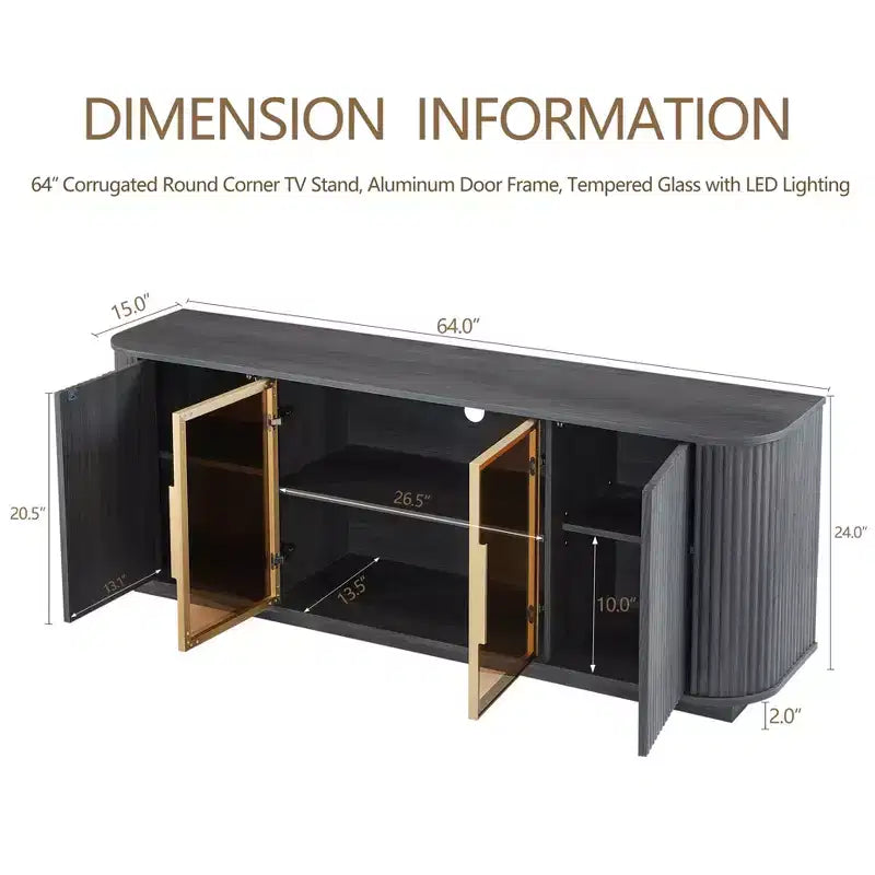 Mobile TV curvo da 64W con luci LED, madia rotonda con strisce verticali, mobile contenitore con cornice in alluminio e anta in vetro temperato, nero - ModernLuxe