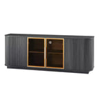 Mobile TV curvo da 64W con luci LED, madia rotonda con strisce verticali, mobile contenitore con cornice in alluminio e anta in vetro temperato, nero - ModernLuxe