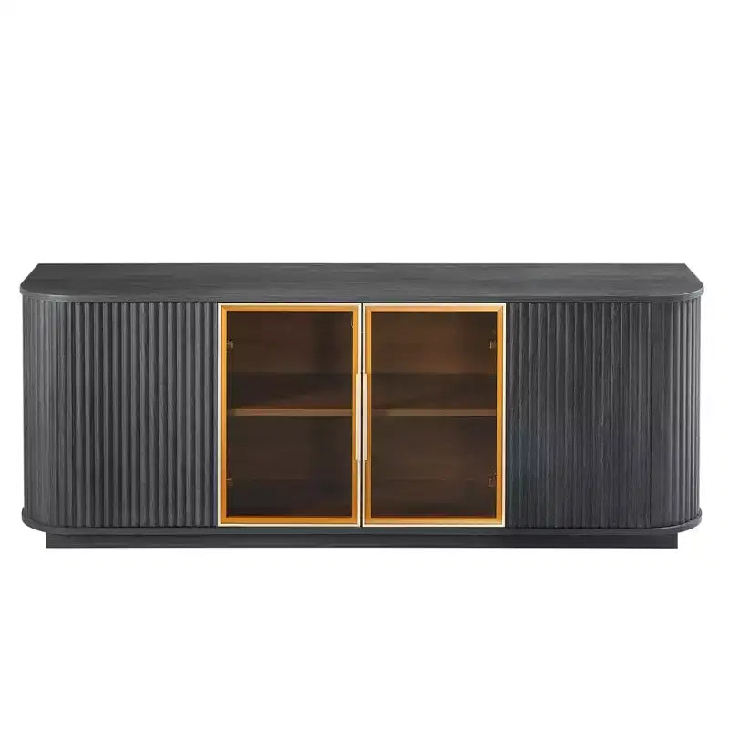 Mobile TV curvo da 64W con luci LED, madia rotonda con strisce verticali, mobile contenitore con cornice in alluminio e anta in vetro temperato, nero - ModernLuxe