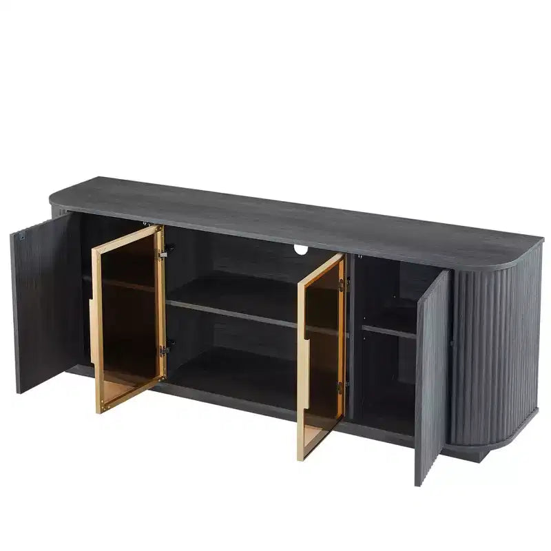 Mobile TV curvo da 64W con luci LED, madia rotonda con strisce verticali, mobile contenitore con cornice in alluminio e anta in vetro temperato, nero - ModernLuxe