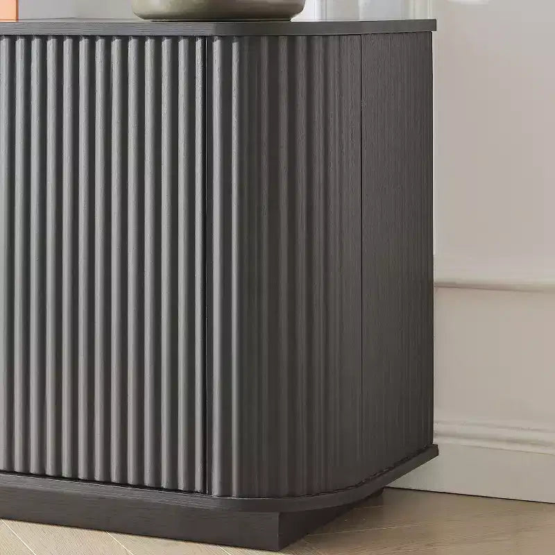 Mobile TV curvo da 64W con luci LED, madia rotonda con strisce verticali, mobile contenitore con cornice in alluminio e anta in vetro temperato, nero - ModernLuxe
