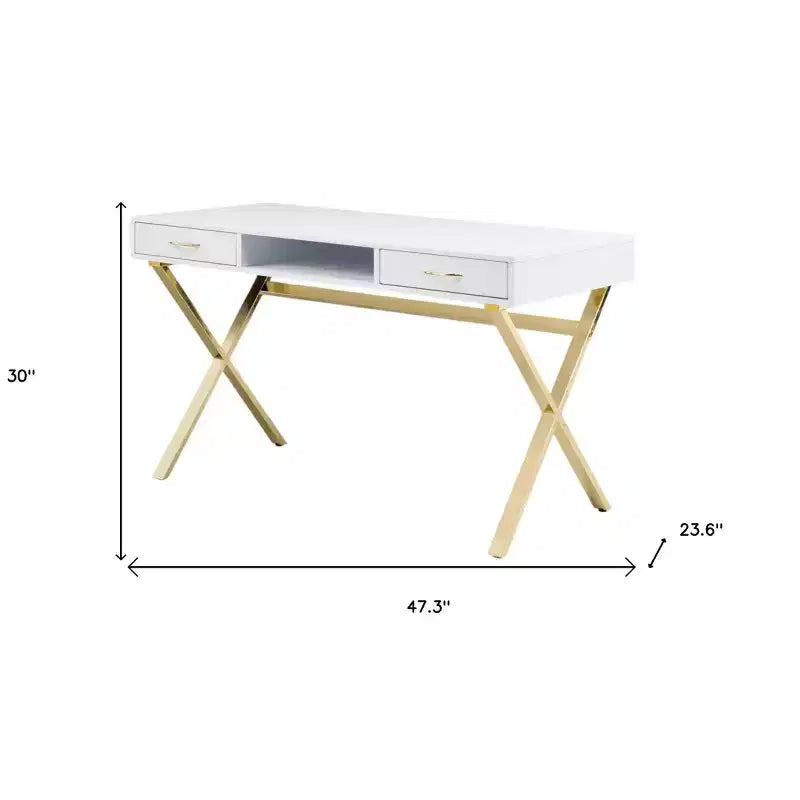 HomeRoots Scrivania per computer in legno e metallo, bianca e oro, 47 pollici, con due cassetti