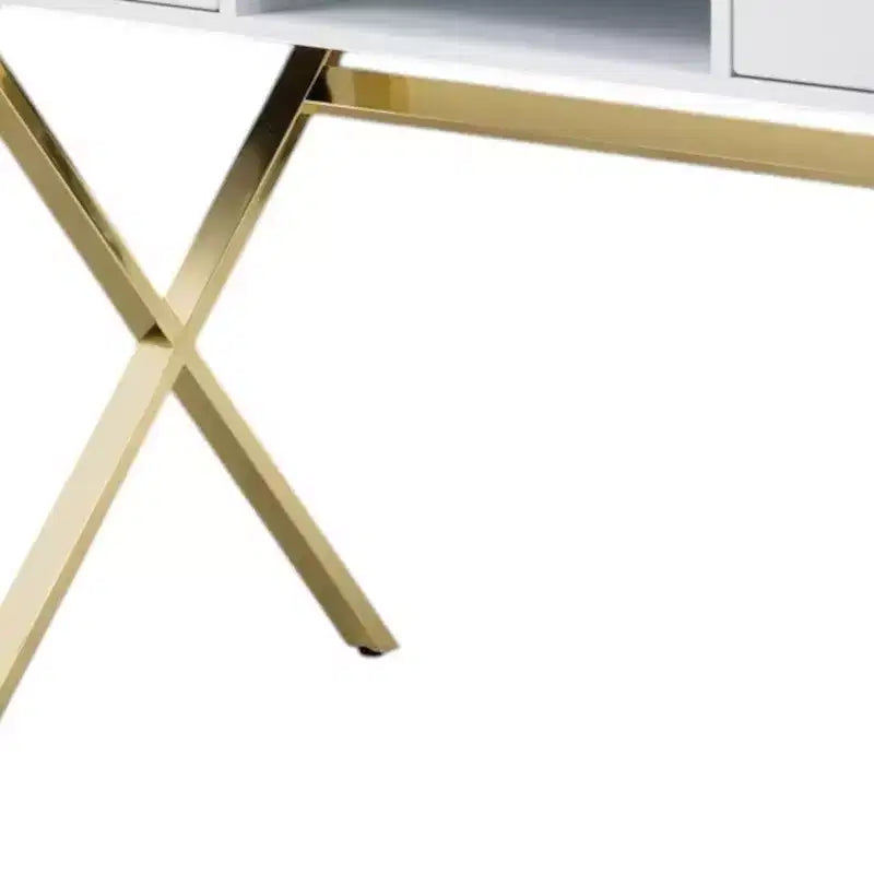 HomeRoots Scrivania per computer in legno e metallo, bianca e oro, 47 pollici, con due cassetti