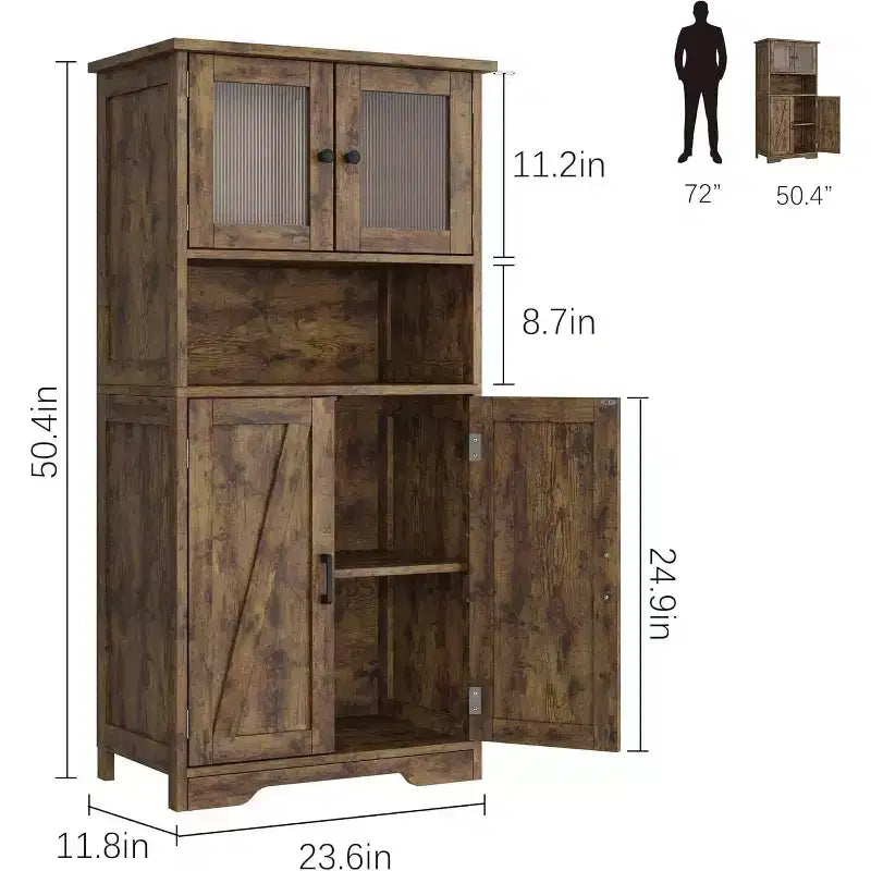 Mobiletto da bagno in stile rustico Acekool 54 con ante in vetro, ripiani regolabili e dispensa indipendente per cucina, soggiorno e sala da pranzo
