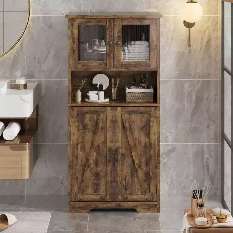 Mobiletto da bagno in stile rustico Acekool 54 con ante in vetro, ripiani regolabili e dispensa indipendente per cucina, soggiorno e sala da pranzo