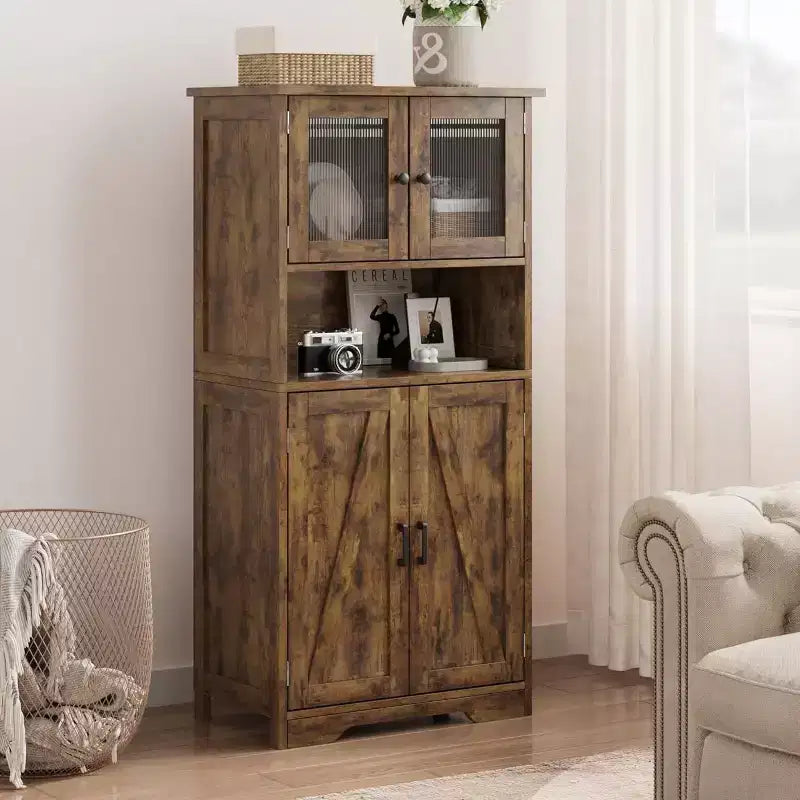 Mobiletto da bagno in stile rustico Acekool 54 con ante in vetro, ripiani regolabili e dispensa indipendente per cucina, soggiorno e sala da pranzo